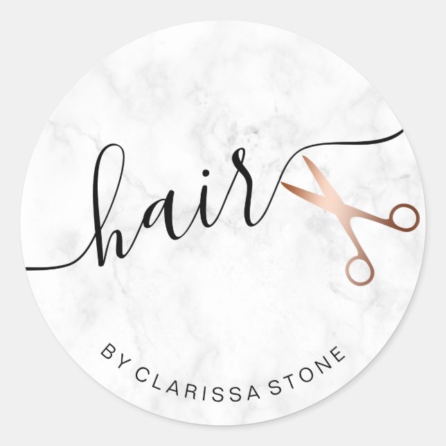 Elegante Rose Gold & Marmorschere Haarstylistin Runder Aufkleber (Vorderseite)