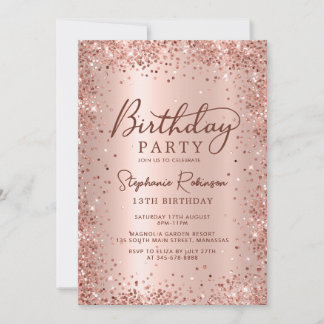 Elegante Rose Gold Metallic Glitzer 13. Geburtstag Einladung
