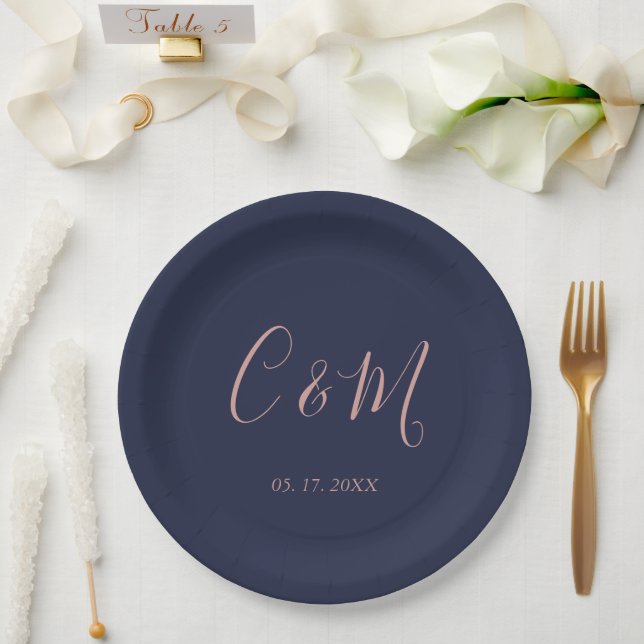 Elegante Rose Gold Monogram Navy Hochzeit Pappteller (Hochzeit)
