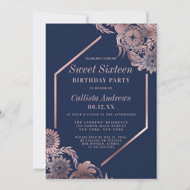 Elegante Rose Gold Navy Blue Floral Frame Sweet 16 Einladung (Vorderseite)