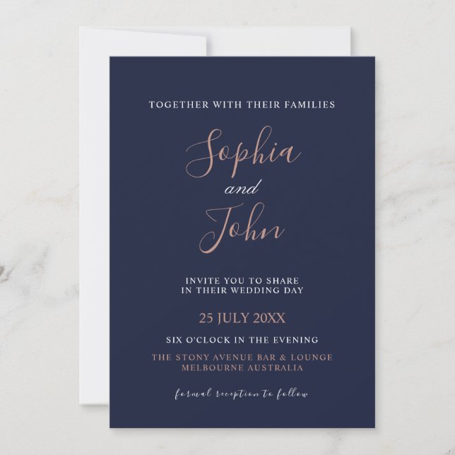 Elegante Rose Gold Navy Blue Wedding Einladung (Vorderseite)