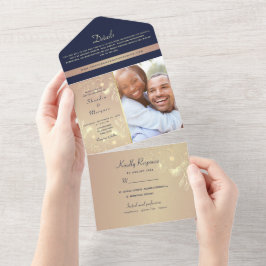 Elegante Rose Gold Navy Blumenladen All In One Einladung