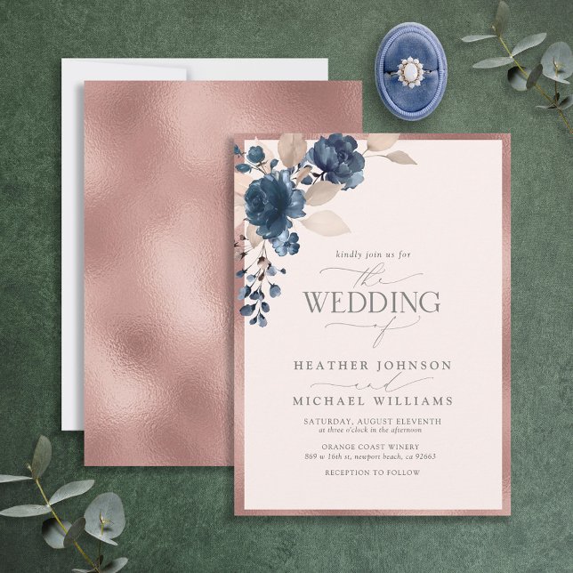 Elegante Rose Gold Navy Blush Pink Blütenblume Einladung (Von Creator hochgeladen)