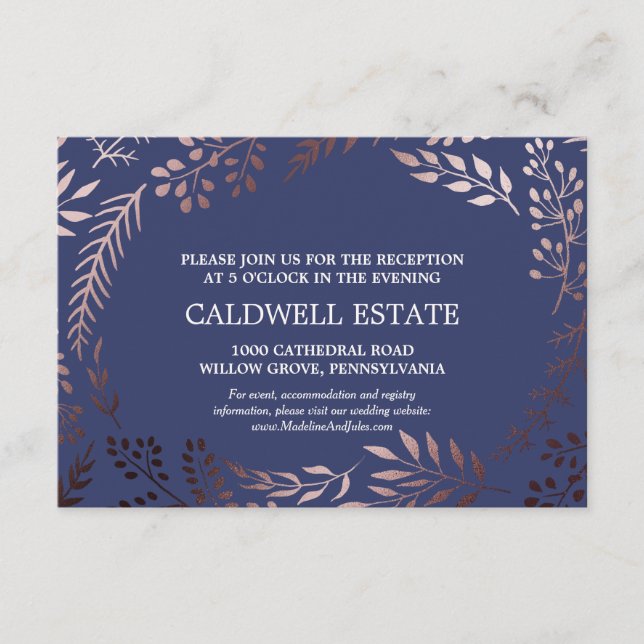 Elegante Rose Gold & Navy Hochzeitsempfangskarte Begleitkarte (Vorderseite)