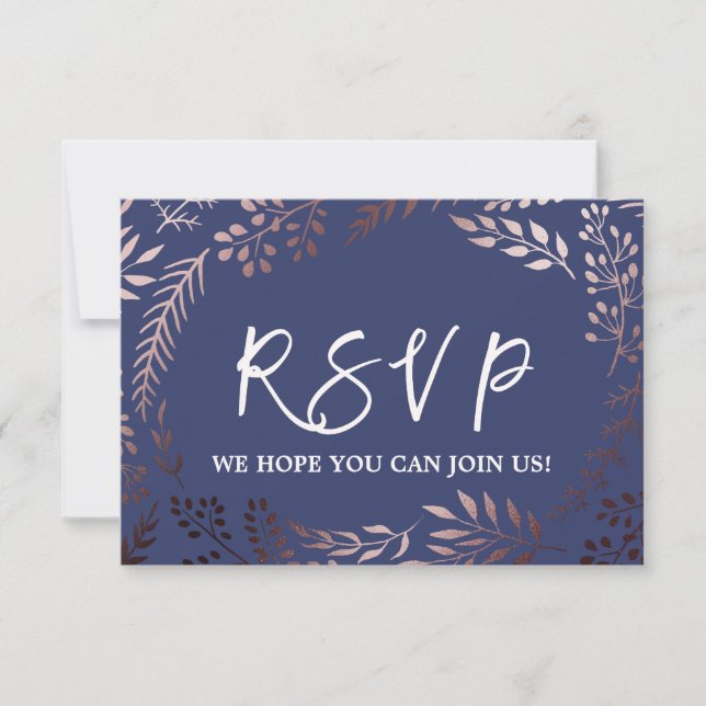 Elegante Rose Gold & Navy Wedding Website RSVP Car (Vorderseite)