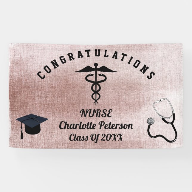 Elegante Rose Gold Nurse Graduation Party  Banner (Horizontal)