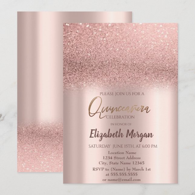 Elegante Rose Gold Ombre Quinceañera Einladung (Vorne/Hinten)