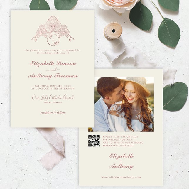 Elegante Rose Gold Orchid Foto QR Code Hochzeit Einladung (Von Creator hochgeladen)