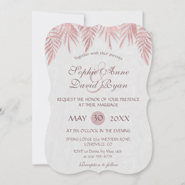 Elegante Rose Gold Palm Blätter Einladung Hochzeit (Vorderseite)