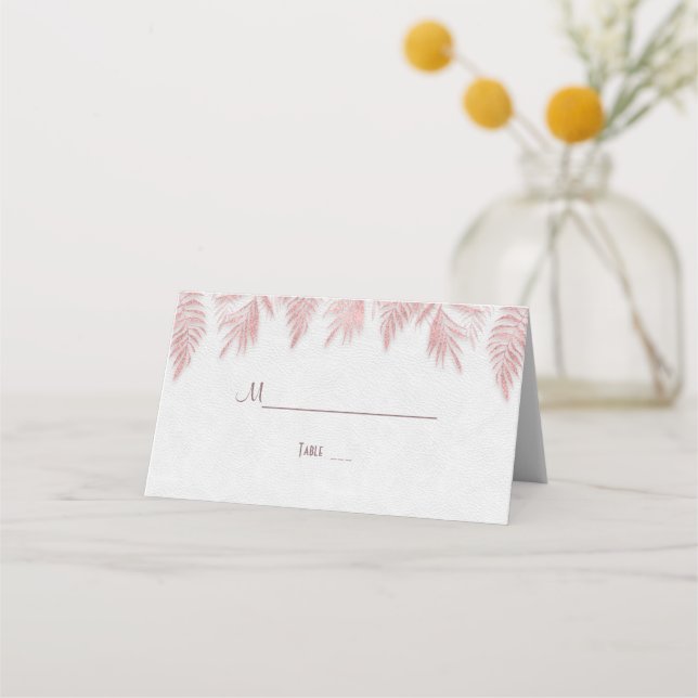 Elegante Rose Gold Palm Blätter Hochzeit Platzkarte (Vorderseite)