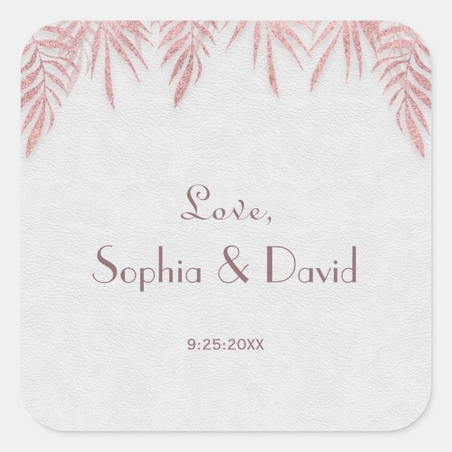 Elegante Rose Gold Palm Blätter Hochzeit Quadratischer Aufkleber (Vorderseite)