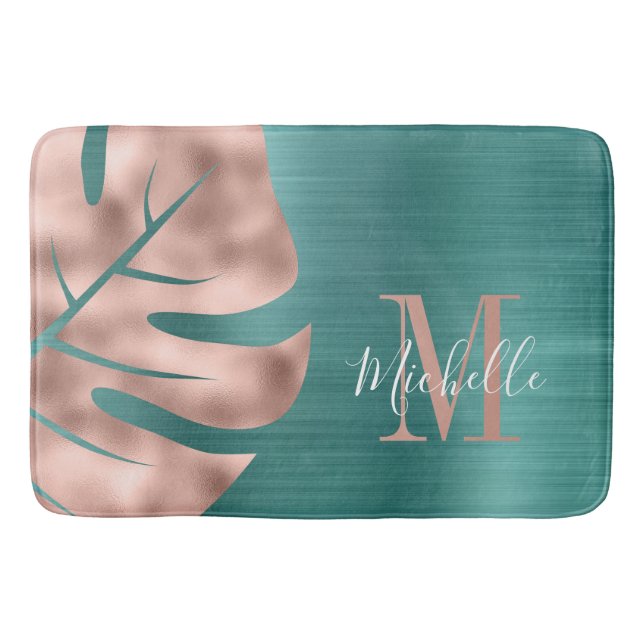Elegante Rose Gold Palm Green Leaf Monogramm Badematte (Vorderseite)