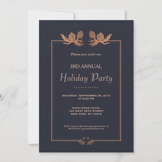 Elegante Rose Gold Pine Cones auf Navy Holiday Par Einladung (Vorderseite)