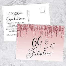 Elegante Rose Gold Pink Glitzer 60. Geburtstagspar Einladungspostkarte