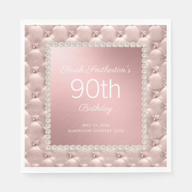 Elegante Rose Gold Pink Tufted Pearls 90. Geburtst Serviette (Vorderseite)