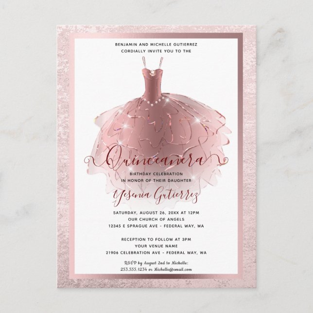 Elegante Rose Gold Quinceñera Kleid Postkarte (Vorderseite)