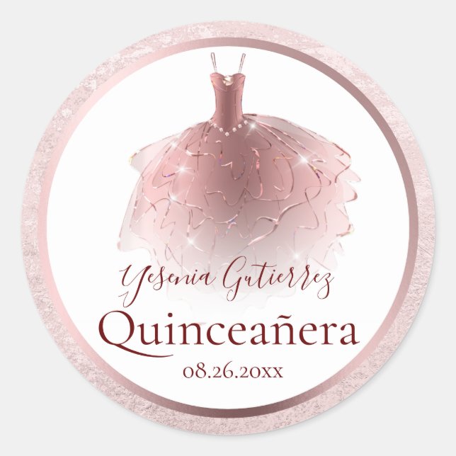 Elegante Rose Gold Quinceñera Kleid Runder Aufkleber (Vorderseite)