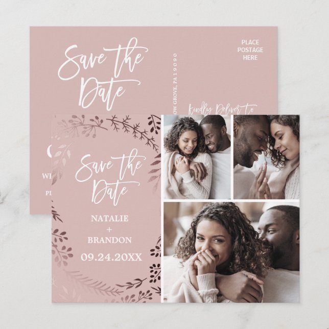 Elegante Rose Gold | Rosa 3 Foto Save the Date Ankündigungspostkarte (Vorne/Hinten)