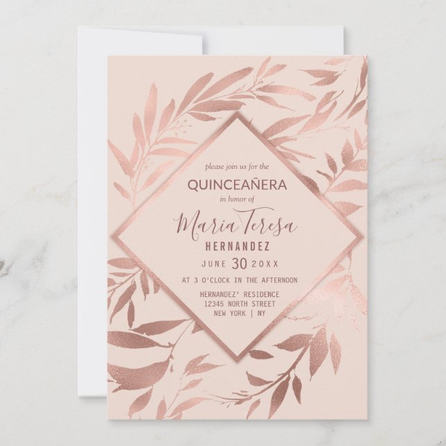 Elegante Rose Gold Rosa Blumengestein Blätter Quin Einladung (Vorderseite)