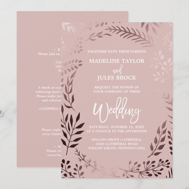 Elegante Rose Gold & Rosa Leafy auf einer Hochzeit Einladung (Vorne/Hinten)