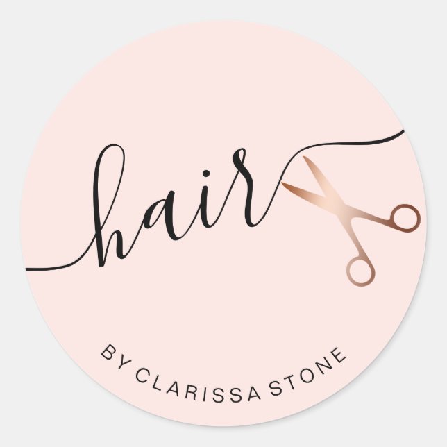 Elegante Rose Gold & Rosa Schere Haarstylistin Runder Aufkleber (Vorderseite)