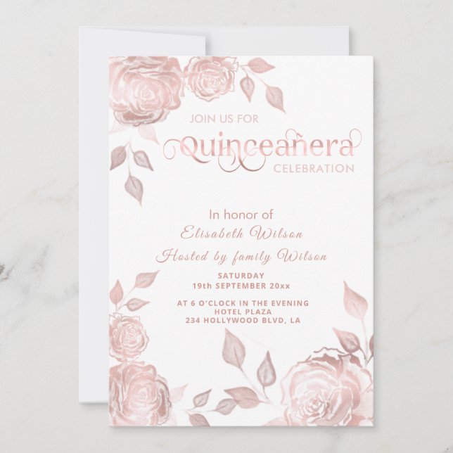 Elegante Rose Gold Rose Quinceañera Einladung (Vorderseite)