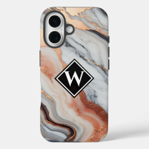 Elegante Rose Gold Schwarz Marmor Monogramm iPhone 16 Hülle