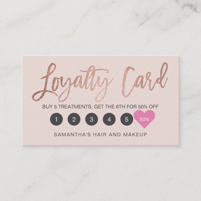Elegante Rose Gold-Script-Make-Haar rot Rosa Treuekarte (Vorderseite)