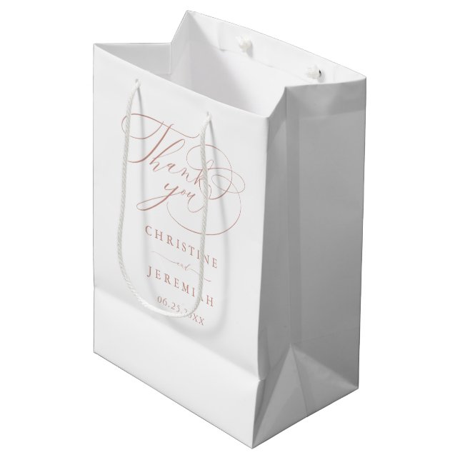 Elegante Rose Gold Script White Wedding Vielen Dan Mittlere Geschenktüte (Vorderseite Schrägansicht)