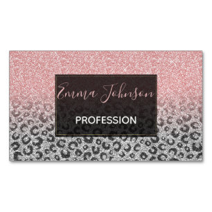 Elegante Rose Gold Silver Glitzer Leopard Print Magnetische Visitenkarte