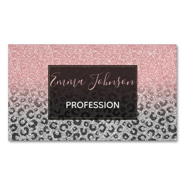 Elegante Rose Gold Silver Glitzer Leopard Print Magnetische Visitenkarte (Vorderseite)