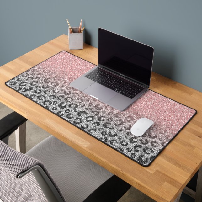 Elegante Rose Gold Silver Glitzer Leopard Print Schreibtischunterlage (Büro 2)