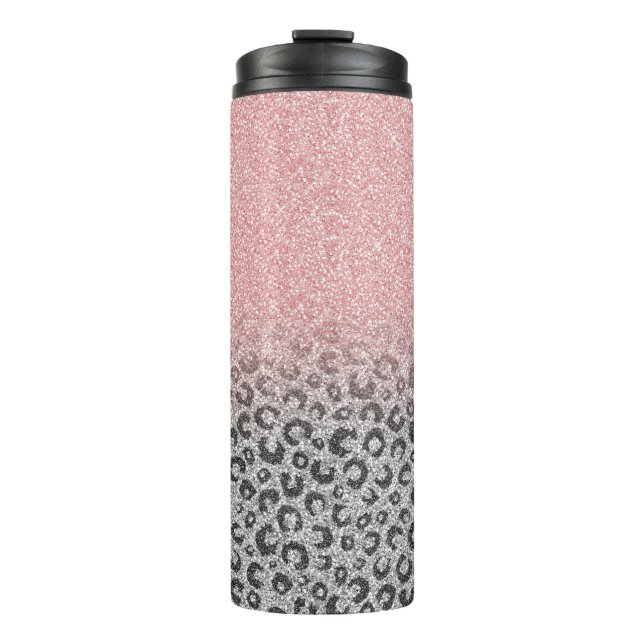 Elegante Rose Gold Silver Glitzer Leopard Print Thermosbecher (Vorderseite)