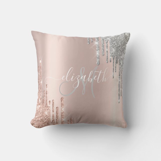 Elegante Rose Gold, Silver Glitzer Tropfen Monogra Kissen (Vorderseite)