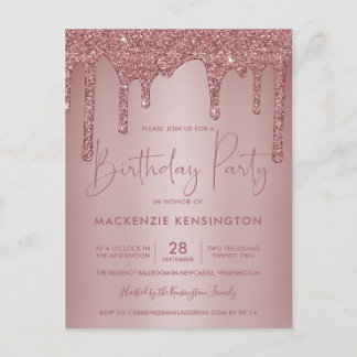 Elegante Rose Gold Sparkle Glitzer Tropfen Geburts Postkarte