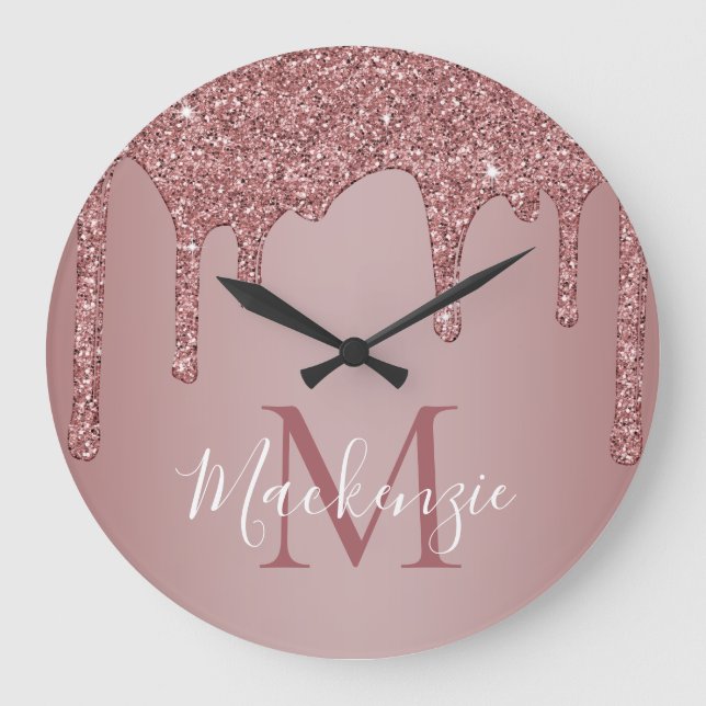 Elegante Rose Gold Sparkle Glitzer Tropfen Monogra Große Wanduhr (Vorderseite)