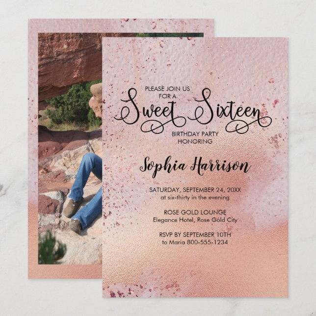 Elegante Rose Gold Sweet 16 Foto Einladung (Vorne/Hinten)