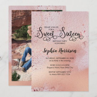 Elegante Rose Gold Sweet 16 Foto Einladung