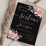 Elegante Rose Gold Sweet 16 Glitzer Blumenschwarz Einladung<br><div class="desc">Rose Gold Schwarz Sweet 16 Geburtstag Glitzer Blumenladen Vorlage. Sie können die Hintergrundfarbe in unserem Designeditor ändern.</div>