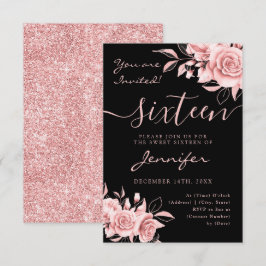 Elegante Rose Gold Sweet 16 Glitzer Blumenschwarz RSVP Karte