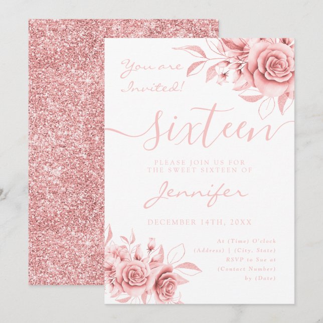 Elegante Rose Gold Sweet 16 Glitzer Blumenstrauß Einladung (Vorne/Hinten)