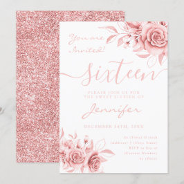 Elegante Rose Gold Sweet 16 Glitzer Blumenstrauß Einladung