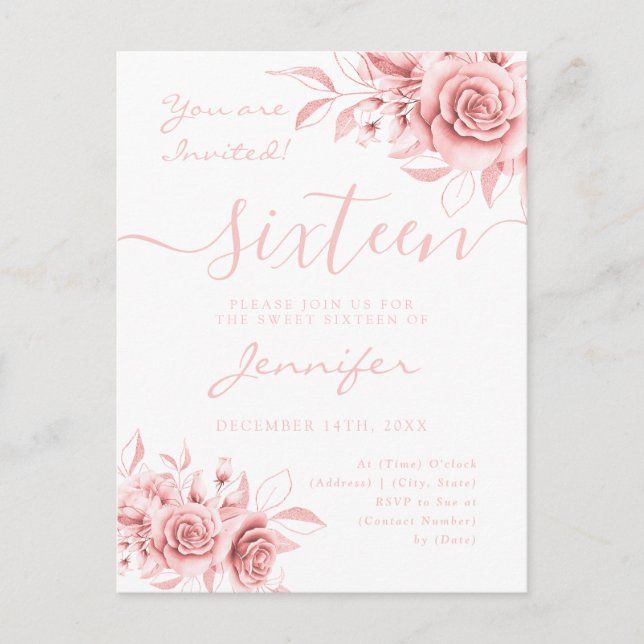 Elegante Rose Gold Sweet 16 Glitzer Flora Invitati Ankündigungspostkarte (Vorderseite)