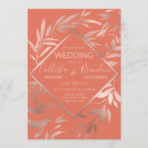 Elegante Rose Gold Terracotta Blätter Hochzeit Einladung