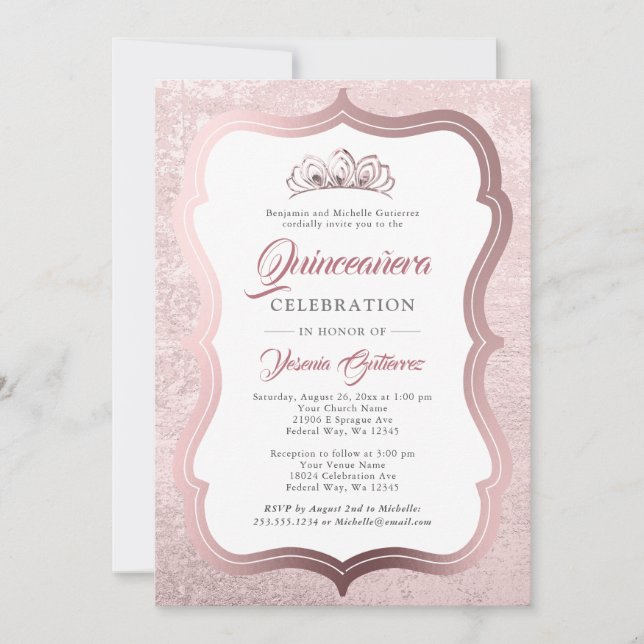 Elegante Rose Gold Tiara Quinceañera Einladung (Vorderseite)