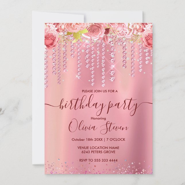 Elegante Rose Gold tropfende Glitzer jedes Alters Einladung (Vorderseite)