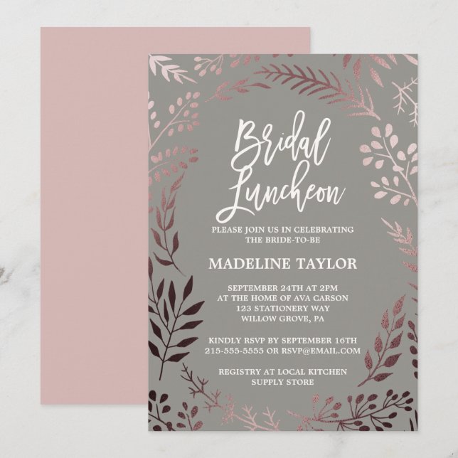 Elegante Rose Gold und Grau Bridal Luncheon Einladung (Vorne/Hinten)