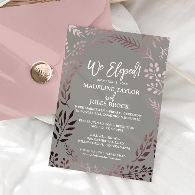 Elegante Rose Gold und Grau Elopement Empfang Einladung (Von Creator hochgeladen)