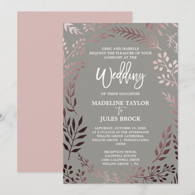 Elegante Rose Gold und Grau | Feierliche Hochzeit Einladung (Vorne/Hinten)