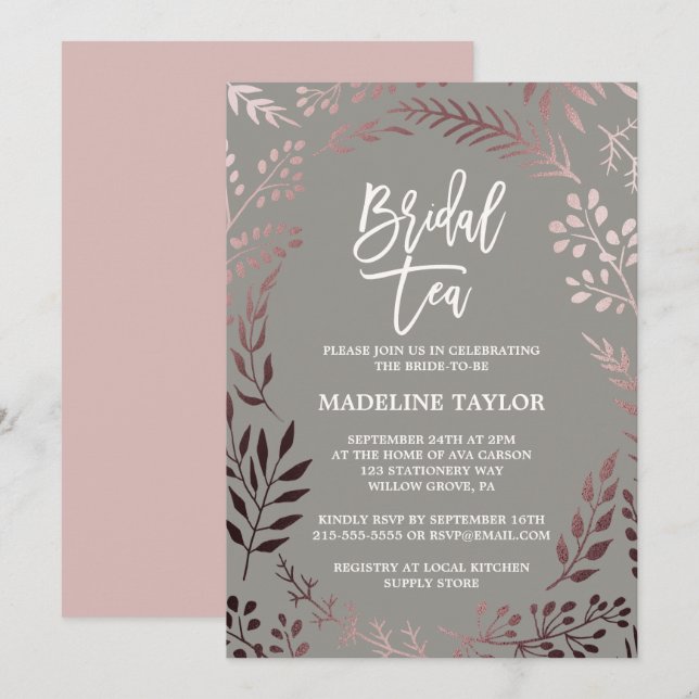 Elegante Rose Gold und Gray Bridal Tea Party Einladung (Vorne/Hinten)